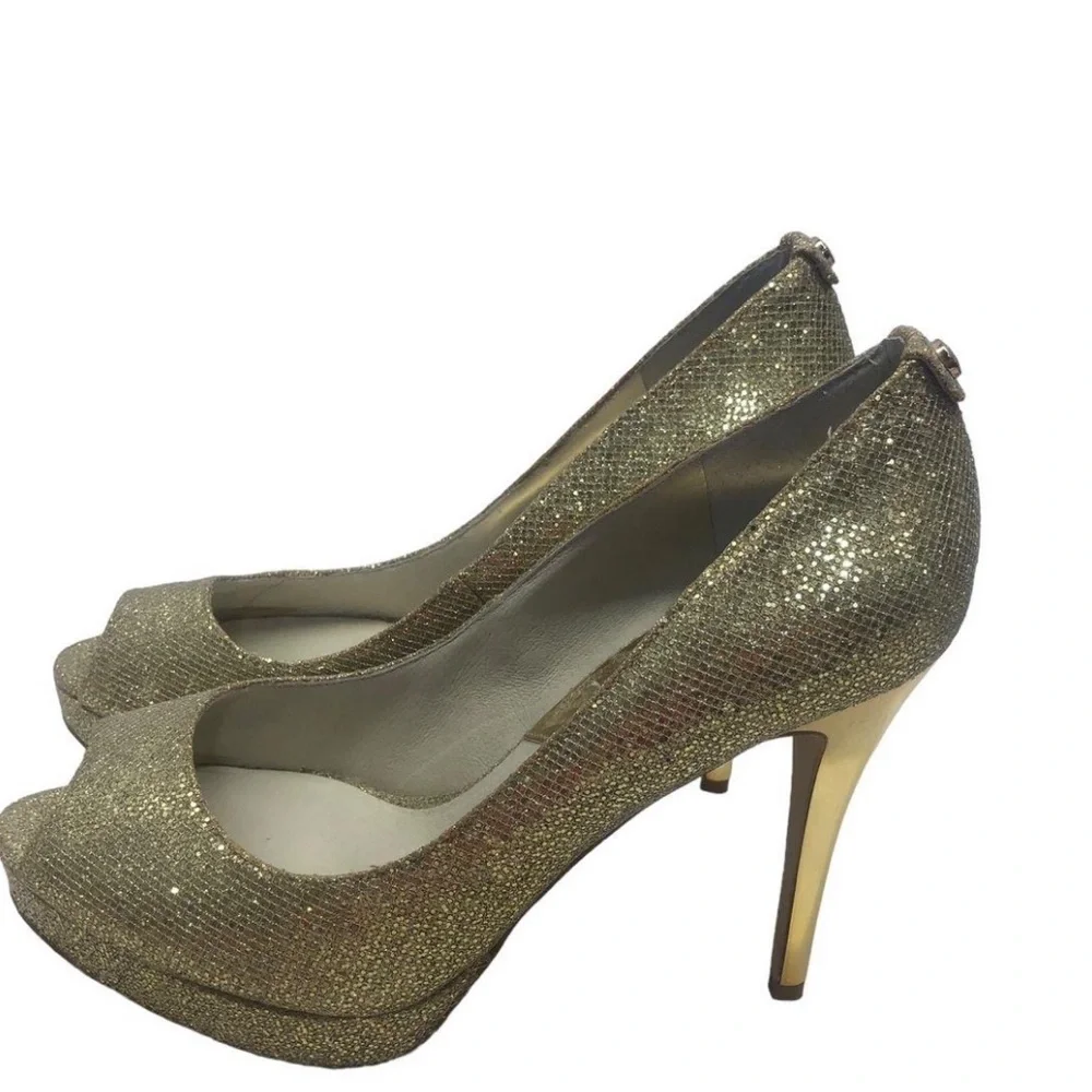 MICHAEL Michael Kors Sparkling Gold Open Toe High Heel Platform Pumps 9M